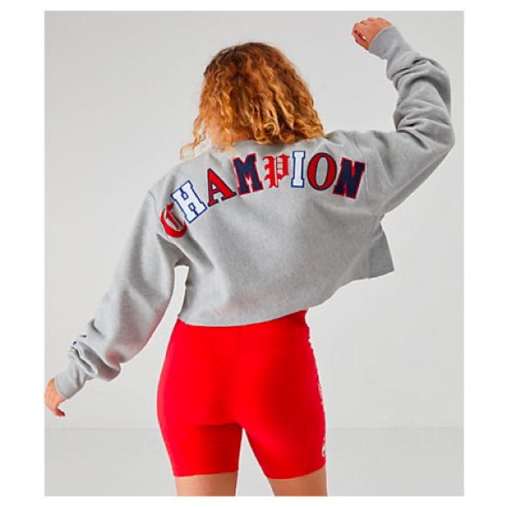 Champion Gray Cropped Sweatshirt with Red and Blue Logo